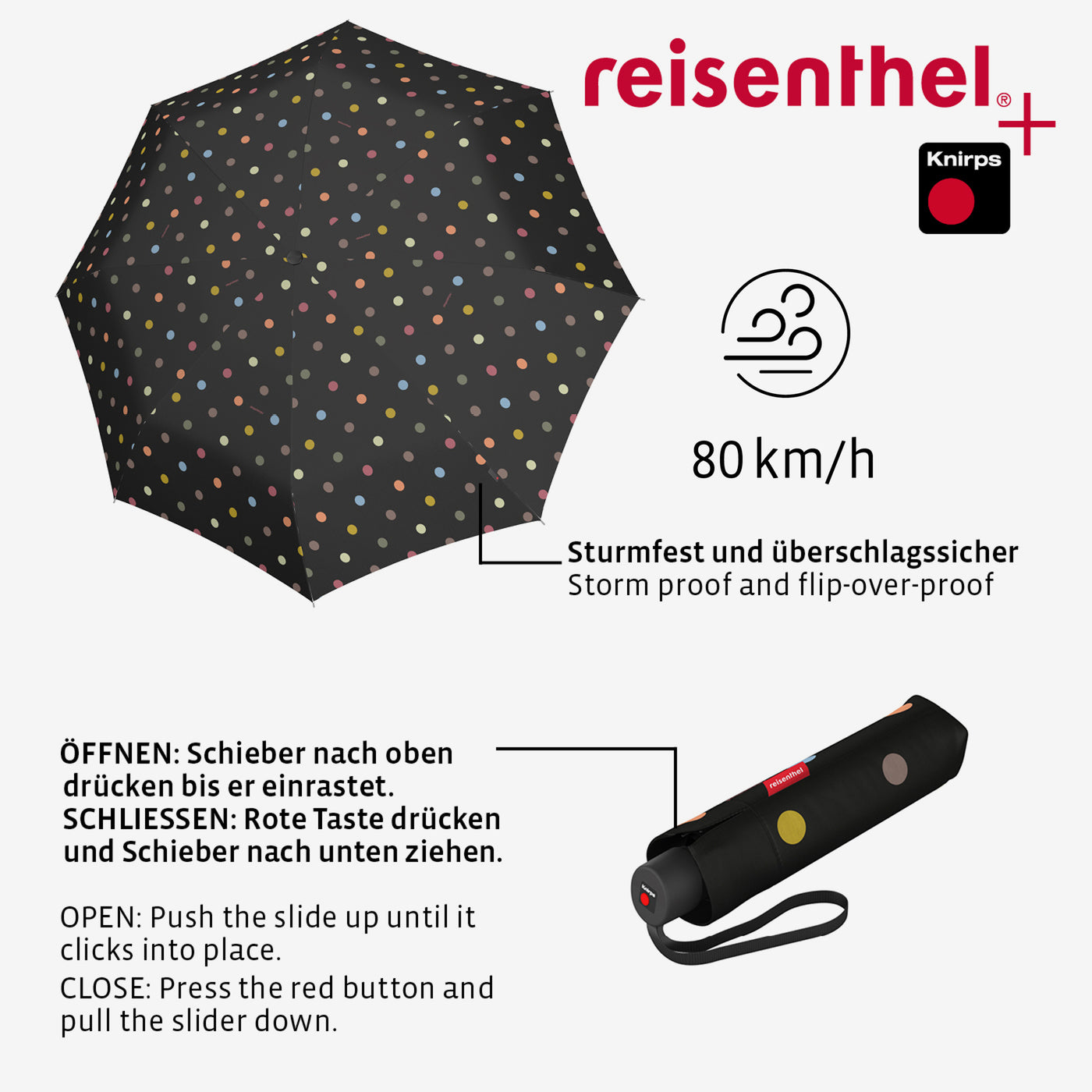 reisenthel Paraplu Pocket Classic Compacte zakparaplu van gerecyclede PET- flessen, met ergonomisch handvat, Dots White, classic, Reizen reisenthel Paraplu Pocket Classic Compacte zakparaplu van gerecyclede PET- flessen, met ergonomisch handvat, Dots White, classic, Reizen